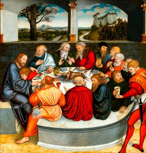 Viimeinen ehtoollinen (Lutherin kanssa apostolien joukossa). Uskonpuhdistuksen alttaritaulu Cranachissa, Lucas, nuorempi (1515-1586)