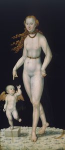 Venus ja Cupid, maalattu paneeliin tekijältä Lucas the Younger Cranach