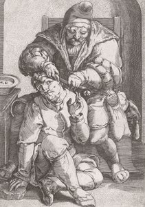1600-luvun parturi, joka hoitaa potilaan korvaa. tekijältä Lucas van (after) Leyden