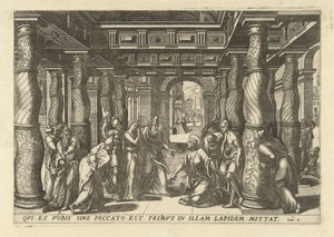 Christ en de overspelige vrouw Kolmetoista tyylikkäintä ja koristeellisinta Uuden testamentin ikonia temppelissä (sarjan nimi) tekijältä Lucas van Doetechum