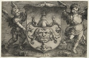 Kilpi, jossa on naamio, jota tukee Two Genii, 1527. tekijältä Lucas van Leyden