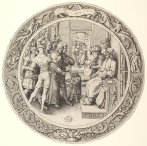 Kristus Hannaksen edessä, kiertokirjeestä, 1509. tekijältä Lucas van Leyden