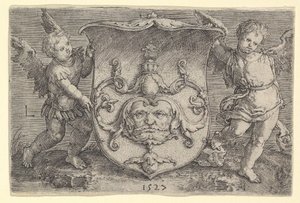 Vaakuna ja naamio, hallussaan Two Genii, 1527. tekijältä Lucas van Leyden