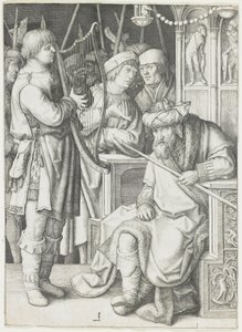 Daavid soittamassa harppua Saulin edessä, n. 1508 tekijältä Lucas van Leyden