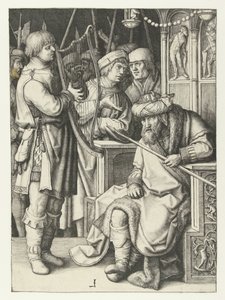 Daavid soittaa harppua Saulille tekijältä Lucas van Leyden