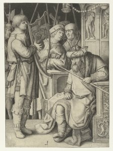 Daavid soittaa harppua Saulille tekijältä Lucas van Leyden