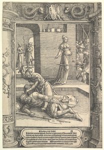 Jael Killing Sisera, koristekehys, n. 1517. tekijältä Lucas van Leyden
