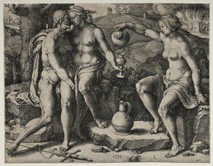 Loot ja hänen tyttärensä, 1530. tekijältä Lucas van Leyden