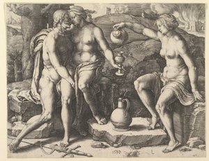 Loot ja hänen tyttärensä, 1530. tekijältä Lucas van Leyden