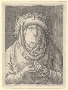 Vanha nainen viinirypäleillä, n. 1523. tekijältä Lucas van Leyden
