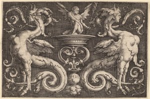 Ornamentti, jossa on kaksi sfinksiä ja siivekäs mies tekijältä Lucas van Leyden