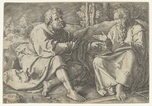 Paavali ja Peter istuvat maisemassa tekijältä Lucas van Leyden