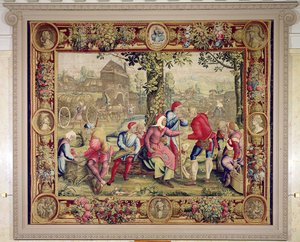 Harvesterien maksaminen, Gobelins Workshop (kuvakudos) tekijältä Lucas van Leyden