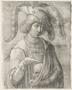 Muotokuva nuoresta miehestä, jolla on pääkallo, n. 1519. tekijältä Lucas van Leyden