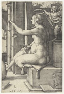Oikeudenmukaisuus Iusticia (otsikko esineessä) Seitsemän hyvettä (sarjan nimi) tekijältä Lucas van Leyden