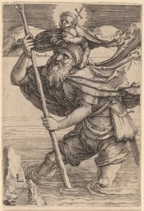 Pyhä Christopher kantoi vauva-Kristusta tekijältä Lucas van Leyden
