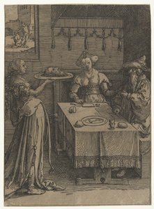 Salome Johannes Kastajan pään kanssa Piensarjan naisten listat (sarjan nimi) tekijältä Lucas van Leyden