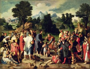 Sokean parantaminen Jerikon sokeasta, triptyykin keskitaulu, 1531 (öljy kankaalle, siirretty paneelista). tekijältä Lucas van Leyden