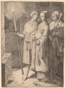 Mies, jolla on soihtu ja nainen, jota seuraa hölmö tekijältä Lucas van Leyden