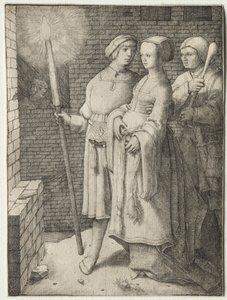 Mies, jolla on soihtu ja nainen, jota seuraa hölmö tekijältä Lucas van Leyden