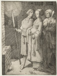 Mies soihtulla ja nainen, jota seurasi typerys, n. 1508. tekijältä Lucas van Leyden