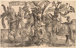 Yhdeksän sankaria: Arthur, Kaarle Suuri (Charlemagne), Godfrey of Bouillon tekijältä Lucas van Leyden