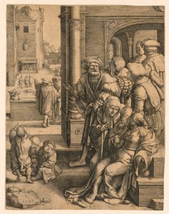 Runoilija Vergilius ripustettuna koriin tekijältä Lucas van Leyden
