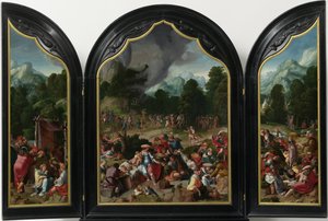 Triptyykki kultaisen vasikan palvonnan kanssa tekijältä Lucas van Leyden