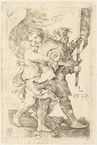 Kaksi poikaa kypärällä ja standardi, 1527. tekijältä Lucas van Leyden