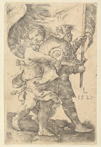 Kaksi poikaa kypärällä ja standardi, 1527. tekijältä Lucas van Leyden