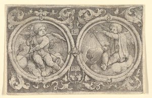 Kaksi puttia istuu pilvissä ympyröissä jänteineen, 1517. tekijältä Lucas van Leyden