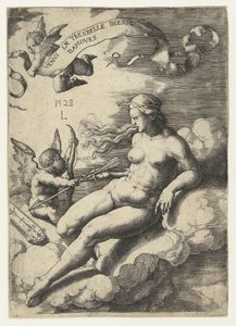 Venus ja Cupid Venus la tresbelle deese damours (nimi esineessä) tekijältä Lucas van Leyden