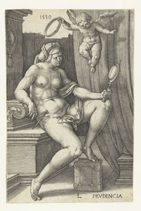 Varoitus Prudencia (otsikko esineessä) Seitsemän hyvettä (sarjan nimi) tekijältä Lucas van Leyden