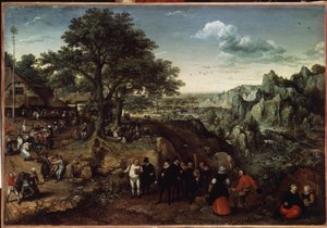 Maisema maalaisjuhlan kanssa (Maisema maalaisjuhlan kanssa). Lucas van Valckenborchin (1530-1597) maalaus. Öljy kankaalle, 48,5 x 73,4 cm, 1580 loppu 1590 alku. Hollantilainen taide, barokkitaide. Eremitaaši, Pietari. tekijältä Lucas van Valckenborch