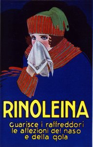 Rinoleina-lääkkeen mainonta vilustumista, kurkkukipua ja yskää vastaan. Lucien Achille Mauzanin (1883 - 1952) kuvitus.