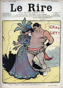Neuillyn juhlissa: huolenpito - tyylikkäästi pukeutunut nainen keskustelee Lucien Marie Francois Metivetin (1863-1930) piirustuspainijan kanssa - 8. kesäkuun nauru tekijältä Lucien Metivet