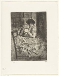 Nuori nainen istuu tulen äärellä tekijältä Lucien Pissarro