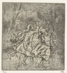 Kaksi tyttöä nappaamassa perhosia tekijältä Lucien Pissarro