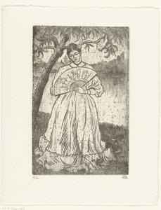 Nainen tuulettimen kanssa tekijältä Lucien Pissarro