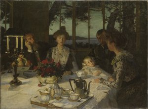Talking in the Twilight - Talking in the Twilight, kirjoittanut Simon, Lucien (1861-1945). Öljy kankaalle. Koko: 140 x 190 cm. Tukholman kansallismuseo