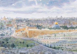 Jerusalem Öljymäeltä, 2019 (w/c paperilla) tekijältä Lucy Willis
