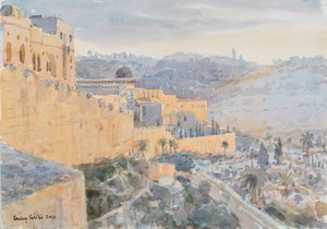 Auringonnousu kaupunginmuurilla, Jerusalem, 2019 (w/c paperilla)