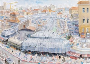 Näkymä parvekkeelta, Mahane Yehuda, Jerusalem, 2019 (w/c paperilla) tekijältä Lucy Willis