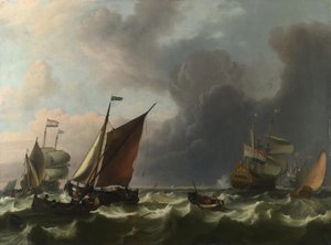 Hollantilaiset sotamiehet ja pienet alukset raikkaassa tuulessa Enkhuizenin edustalla, 1683