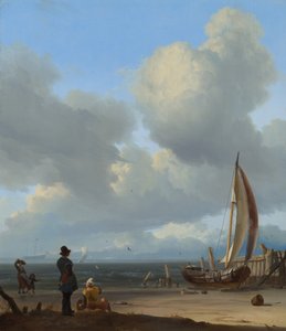 Hollanti: Zeegezicht met figuren bij een vissersboot op het strand Laaja merimaisema, jossa on hahmoja veneen äärellä rannalla Huisduinenin lähellä. tekijältä Ludolf Bakhuizen