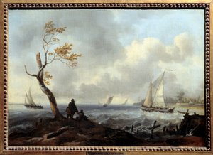 Kalastusvene ja rannikkovene huonolla säällä tai myrskyssä Ludolf Backhuysenin maalaus (1631-1708)