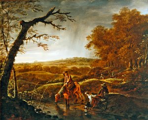 Metsästäjät levossa hevosen ja koirien kanssa puron varrella, n. 1650 (öljy paneelissa)