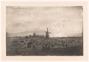Hollantilainen talvimaisema tuulimyllyjen ja luistelijoiden kanssa Hollantilainen talvimaisema tuulimyllyillä ja luistelijalla tekijältä Ludovic Napoléon Lepic