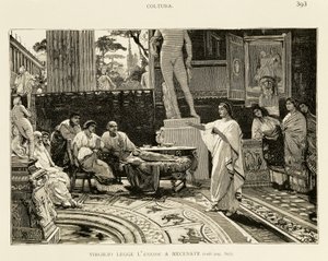 Maecenas kuuntelee Vergiliusa lukemassa Aeneisia, kuvitus Lodovico Pogliaghi (1857-1950) Rooman varhaishistoriaan, Francesco Bertolini (1836-1909), Fratelli Treves -painos, Milano