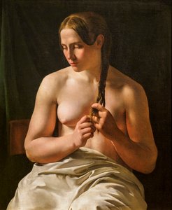 Nainen pliseeraa hiuksiaan tekijältä Ludvig August Smith